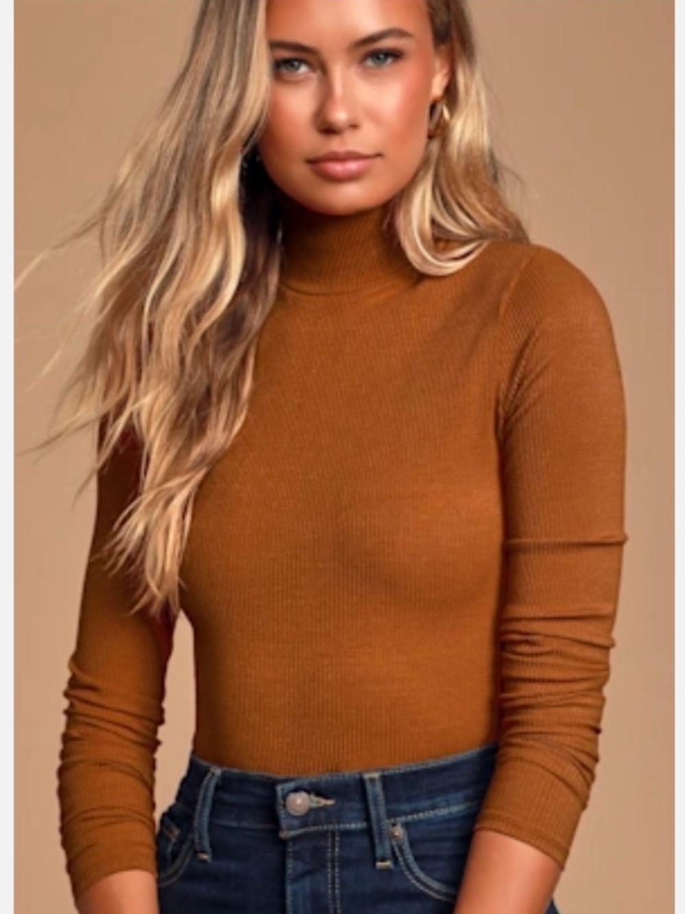 Lulu’s Rust Colored Women's Ribbed Turtleneck Bodysuit